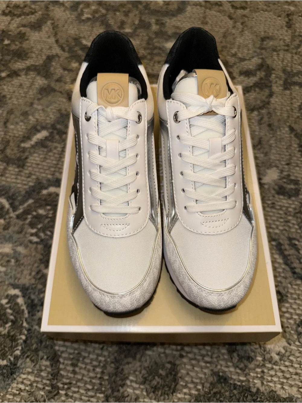 Michael Kors White, Black & Silver MK Logo Wedge Sneakers